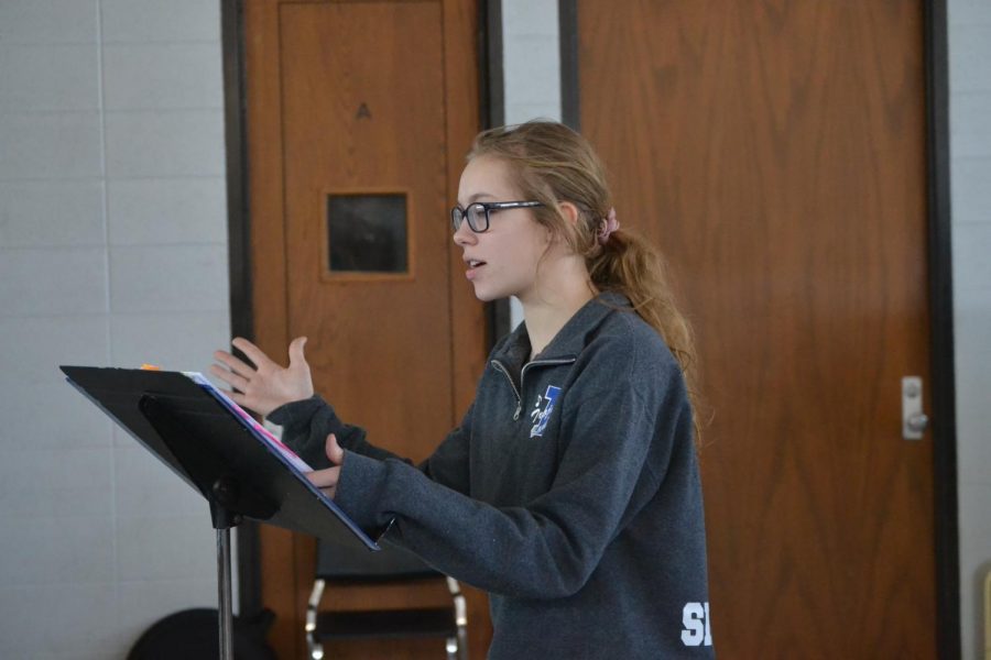 junior Jada Siebeneck rehearses on March 2020 for her role as Belle in Beauty and the Beast.