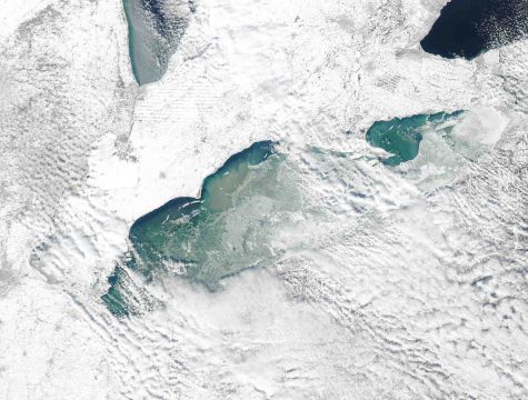 MODIS satellite image - Lake Erie by NOAA Great Lakes Environmental Research Laboratory is licensed under